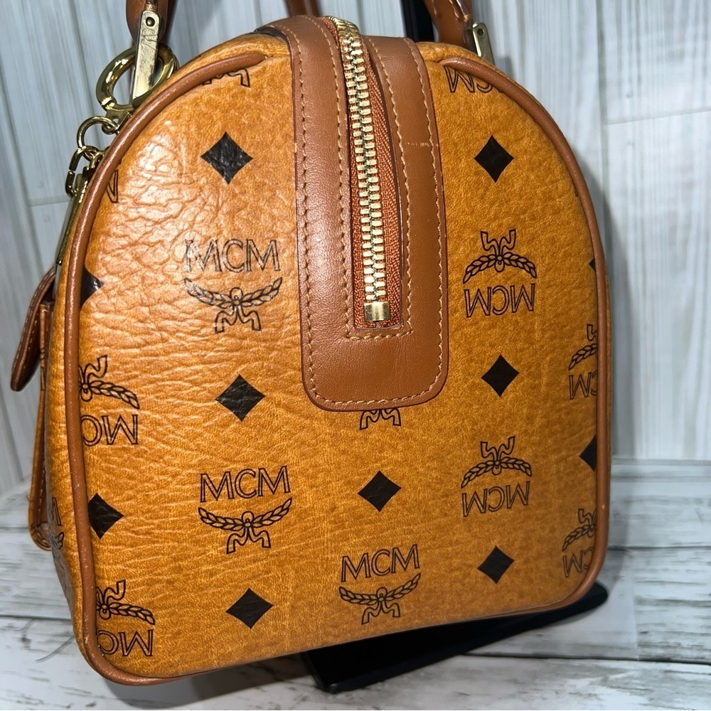 MCM Vintage Cognac Visetos Monogram Boston Satchel Bag with Gold Logo Plate - Picture 4 of 14
